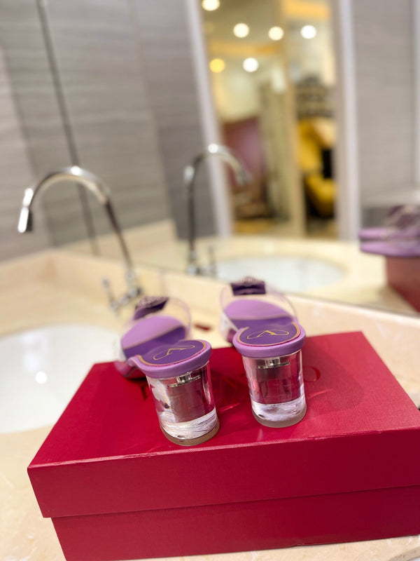 HIGH MULE 60MM IN MAUVE PURPLE SHEEPSKIN AND TRANSPARENT PVC