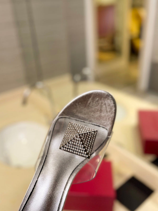 MULE ALTO 60MM IN PELLE DI MONTONE ARGENTO E PVC TRASPARENTE