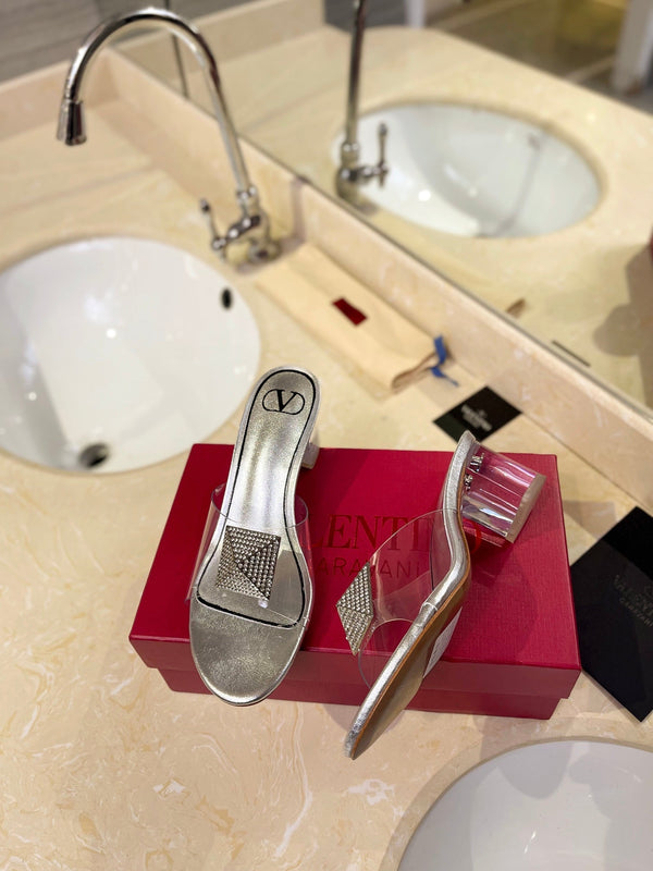 MULE ALTO 60MM IN PELLE DI MONTONE ARGENTO E PVC TRASPARENTE