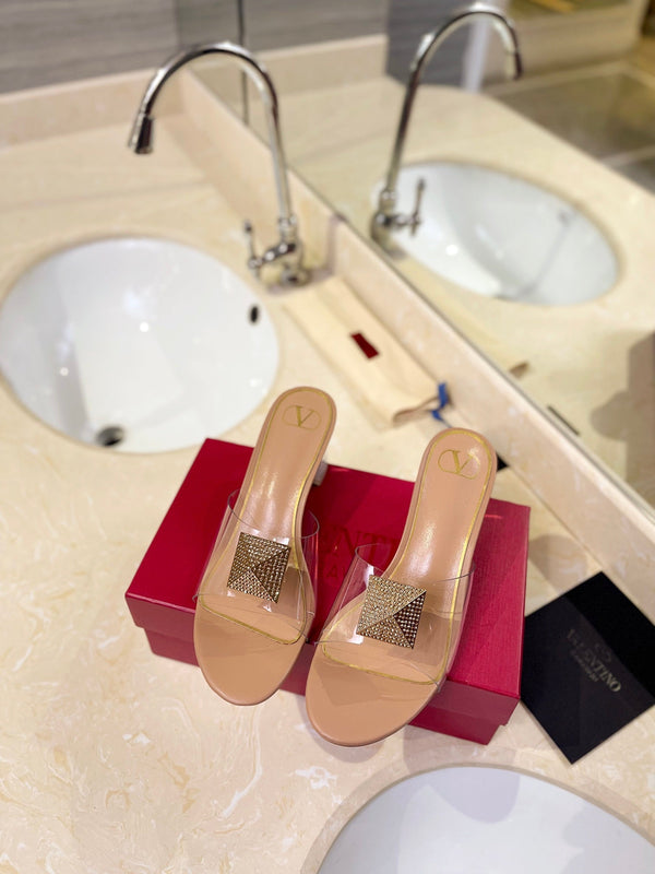 HIGH MULE 60MM IN CAMEL BEIGE SHEEPSKIN AND TRANSPARENT PVC