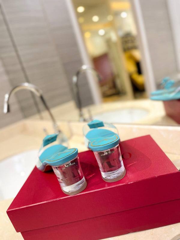 HIGH MULE 60MM IN AQUA BLUE SHEEPSKIN AND TRANSPARENT PVC