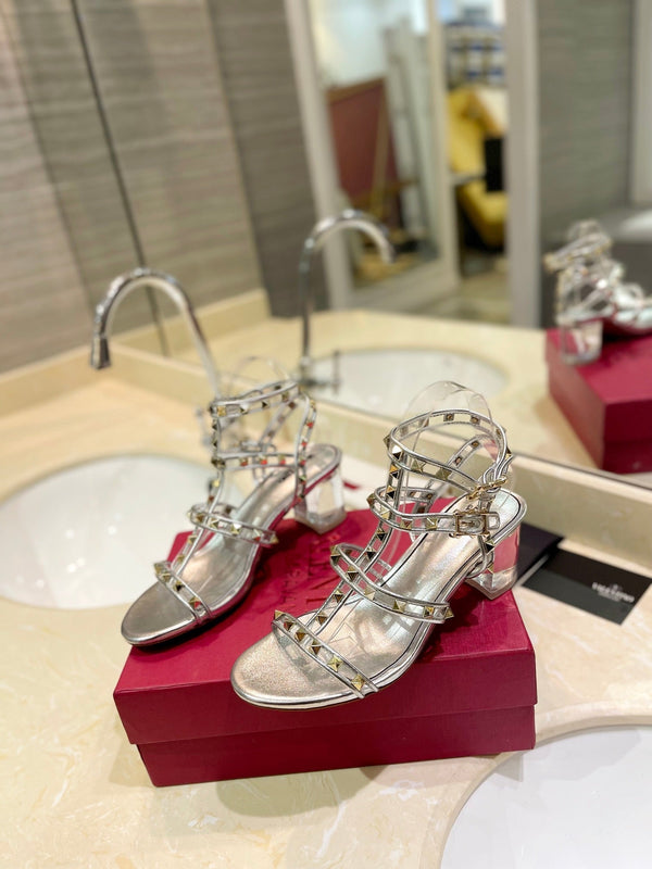 SANDALO ROCKSTUD CON CINTURINO IN VITELLO ARGENTO 60 MM