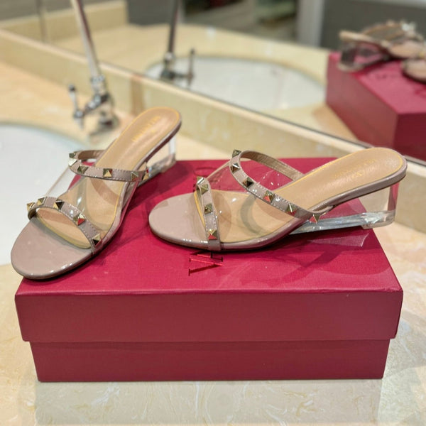 SANDALI ROCKSTUD MULE IN VITELLO ROSA CHIARO E FILM IN PVC TRASPARENTE