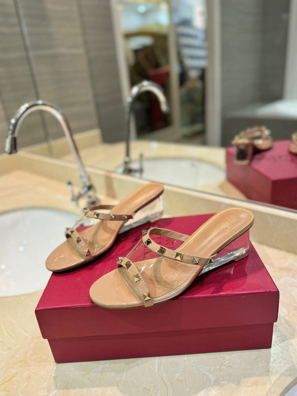 SANDALI ROCKSTUD MULE IN VITELLO MARRONE CAMMELLO E FILM IN PVC TRASPARENTE