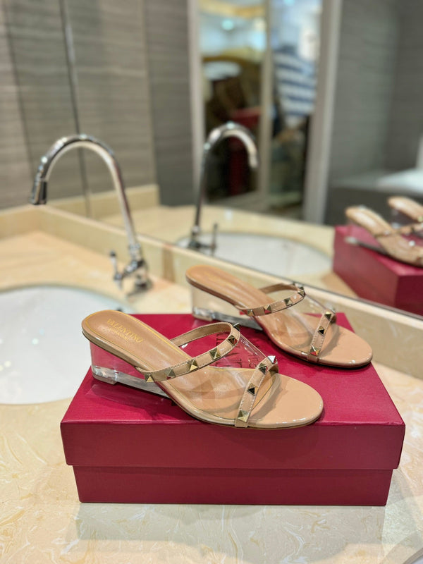 SANDALI ROCKSTUD MULE IN VITELLO MARRONE CAMMELLO E FILM IN PVC TRASPARENTE