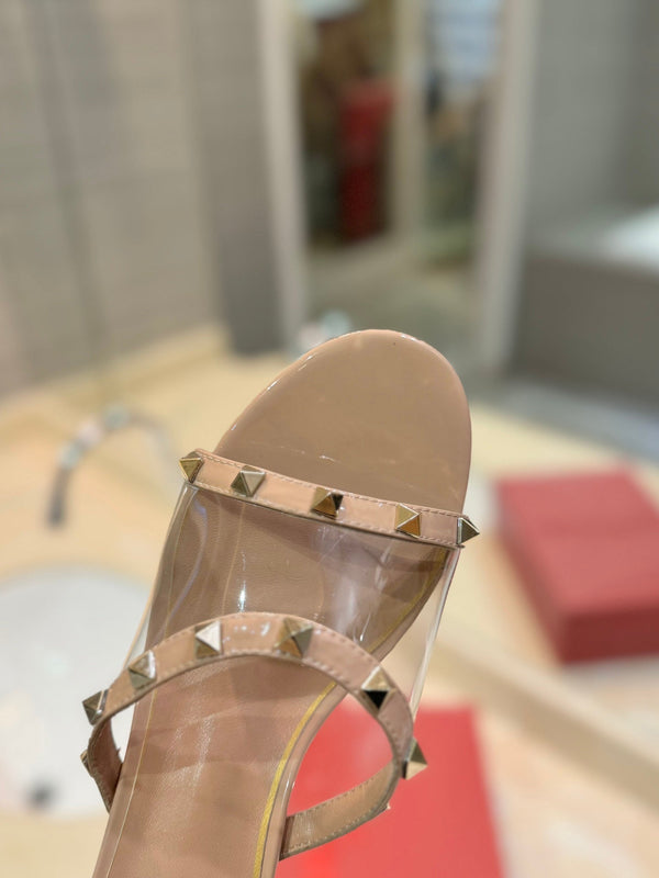 SANDALI ROCKSTUD MULE IN VITELLO MARRONE CAMMELLO E FILM IN PVC TRASPARENTE