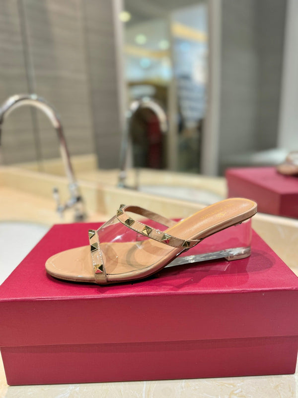 SANDALI ROCKSTUD MULE IN VITELLO MARRONE CAMMELLO E FILM IN PVC TRASPARENTE