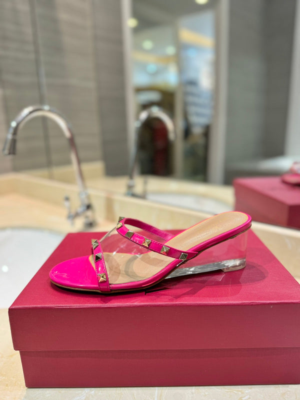 SANDALI ROCKSTUD MULE IN VITELLO ROSA BRILLANTE E FILM IN PVC TRASPARENTE