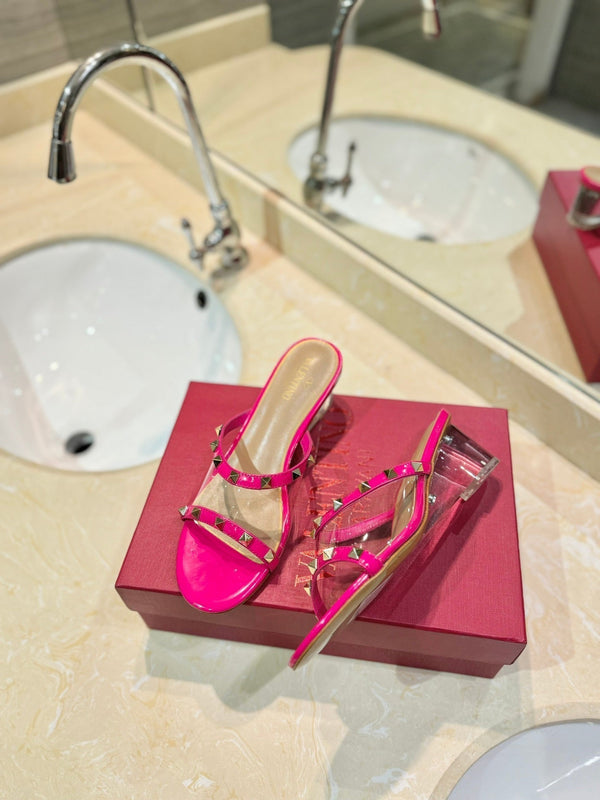SANDALI ROCKSTUD MULE IN VITELLO ROSA BRILLANTE E FILM IN PVC TRASPARENTE