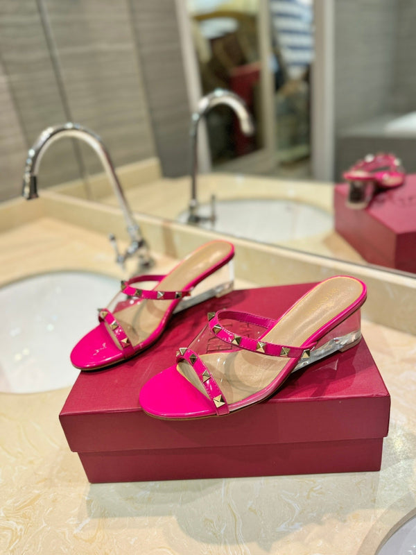 SANDALI ROCKSTUD MULE IN VITELLO ROSA BRILLANTE E FILM IN PVC TRASPARENTE