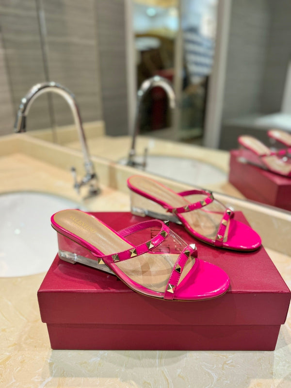 SANDALI ROCKSTUD MULE IN VITELLO ROSA BRILLANTE E FILM IN PVC TRASPARENTE
