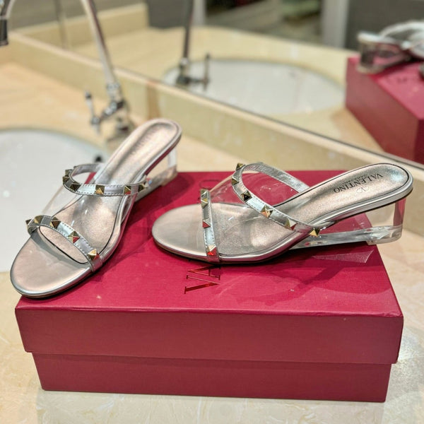 SANDALI ROCKSTUD MULE IN VITELLO ARGENTO E FILM IN PVC TRASPARENTE