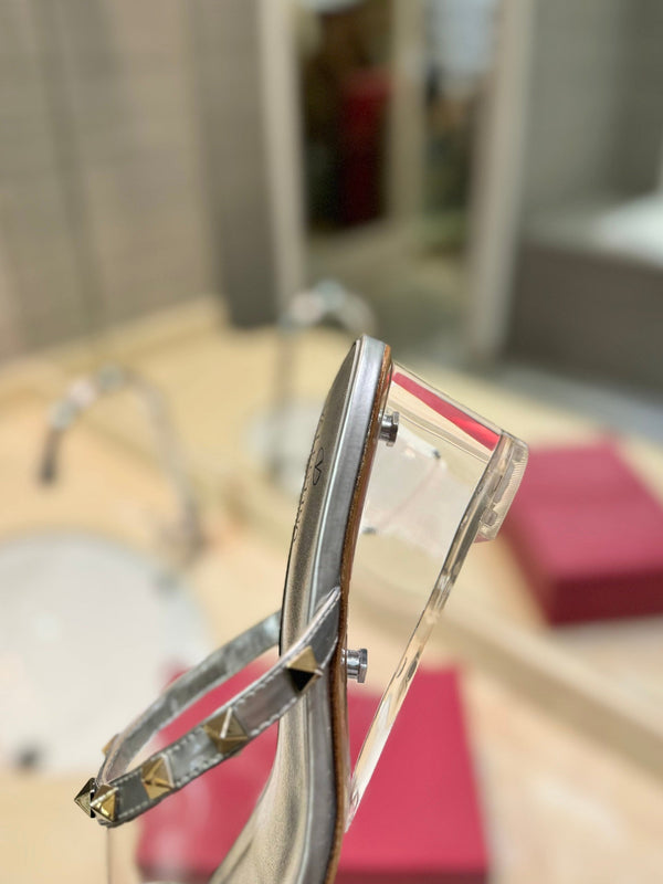 SANDALI ROCKSTUD MULE IN VITELLO ARGENTO E FILM IN PVC TRASPARENTE