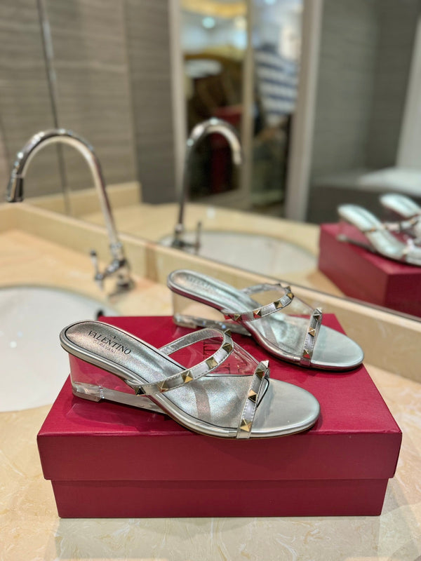 SANDALI ROCKSTUD MULE IN VITELLO ARGENTO E FILM IN PVC TRASPARENTE