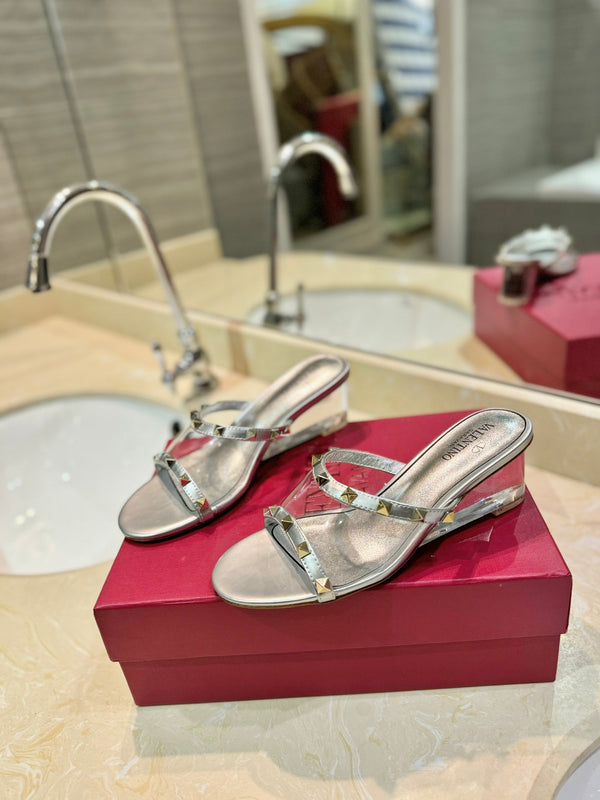 SANDALI ROCKSTUD MULE IN VITELLO ARGENTO E FILM IN PVC TRASPARENTE