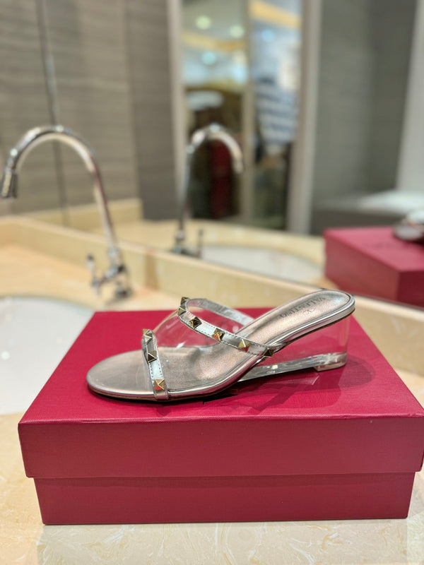 SANDALI ROCKSTUD MULE IN VITELLO ARGENTO E FILM IN PVC TRASPARENTE