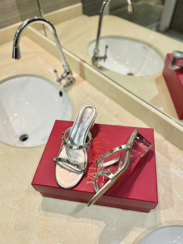 SANDALI ROCKSTUD MULE IN VITELLO ARGENTO E FILM IN PVC TRASPARENTE