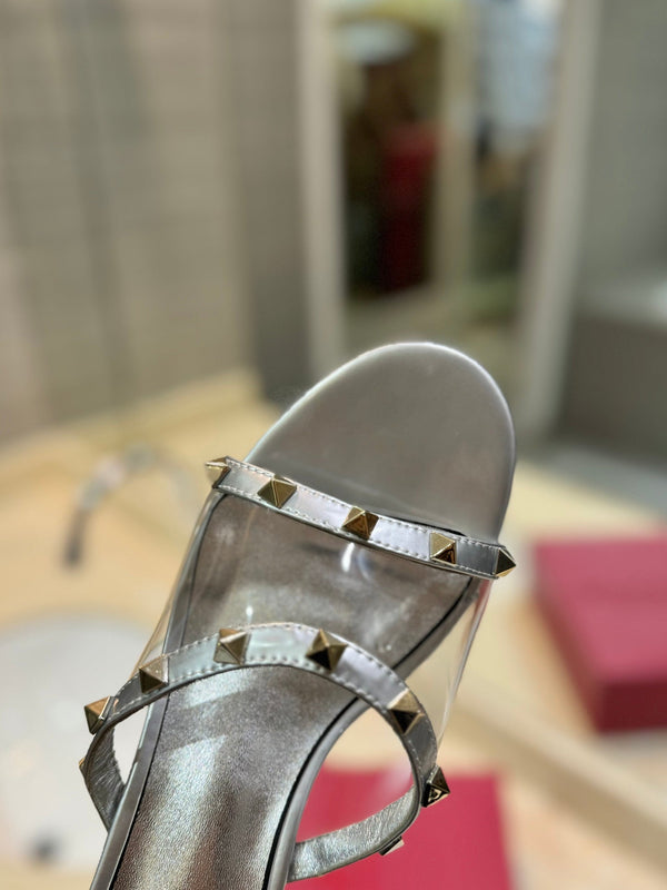 SANDALI ROCKSTUD MULE IN VITELLO ARGENTO E FILM IN PVC TRASPARENTE