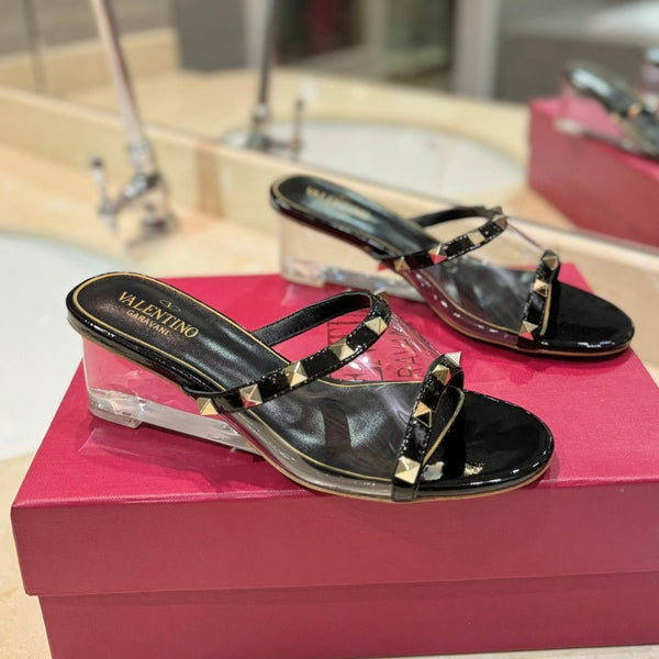 SANDALI ROCKSTUD MULE IN VITELLO NERO E FILM IN PVC TRASPARENTE