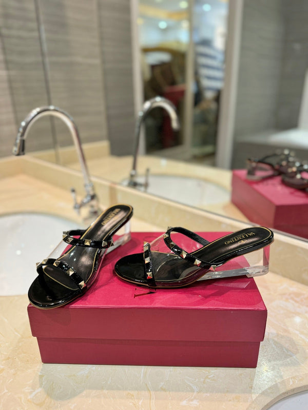 SANDALI ROCKSTUD MULE IN VITELLO NERO E FILM IN PVC TRASPARENTE