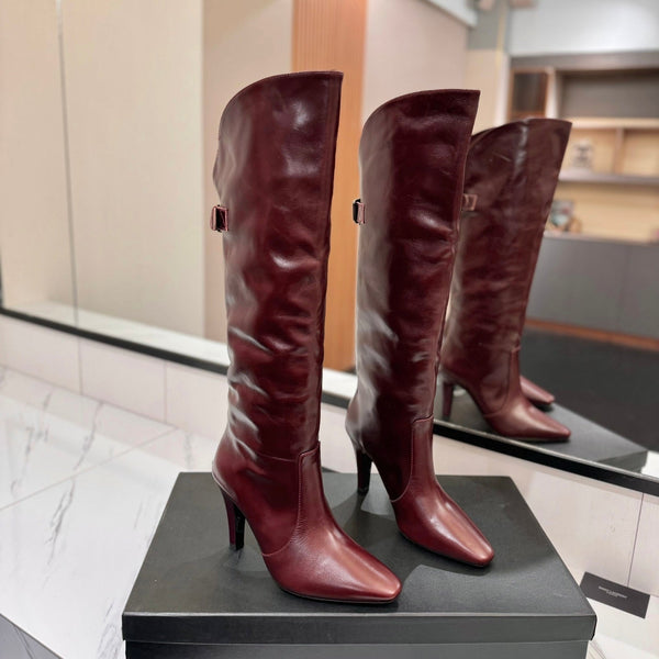 STIVALI CLASSICI ALTI AL GINOCCHIO IN PELLE DI VITELLO ROSSO BORDEAUX