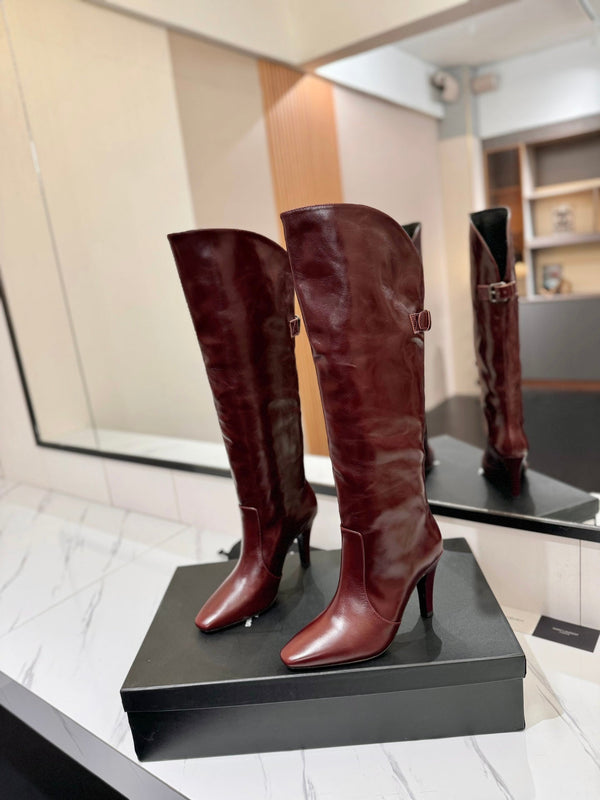 CLASSIC HIGH KNEE BOOTS IN BURGUNDY RED CALFSKIN