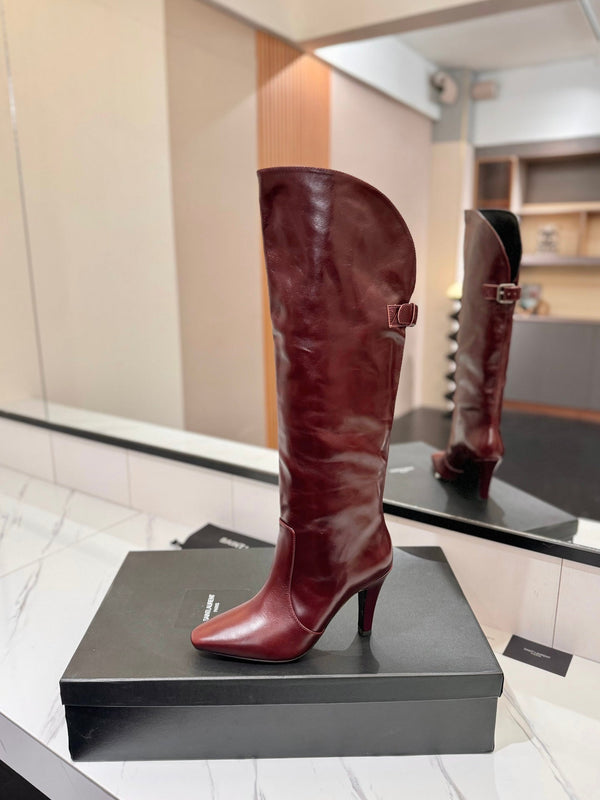 CLASSIC HIGH KNEE BOOTS IN BURGUNDY RED CALFSKIN