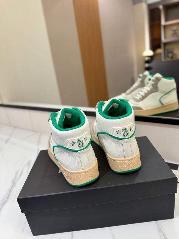 MID-TOP SNEAKERS IN WHITE PERFORATED LAMBSKIN AND GRAY SUEDE