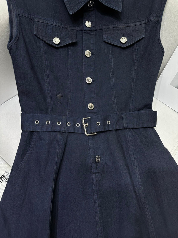 CD 25 Denim Sleeveless Dress Navy Blue and Blue Cotton