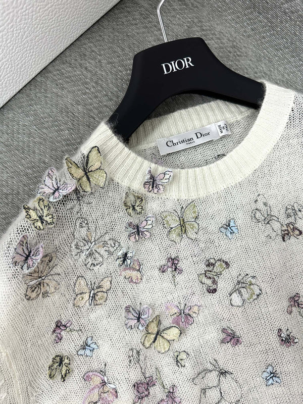 Pull brodé CD ButterflyAlpaga laine Cachemire blanc 345311