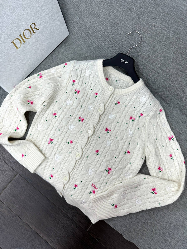 CD Cardigan Small Floral Embroidery Ivory Wool 349481