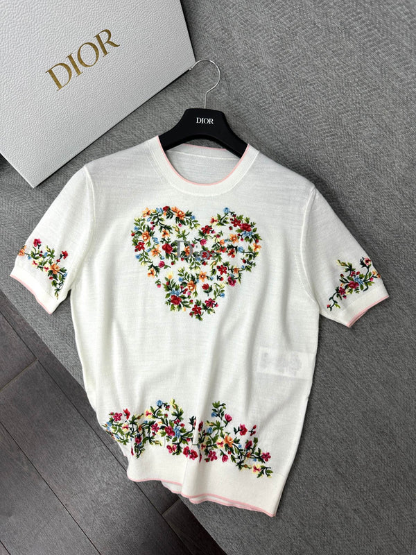 CD Dioramour Short-Sleeved Embroidered Sweater White Wool 349487