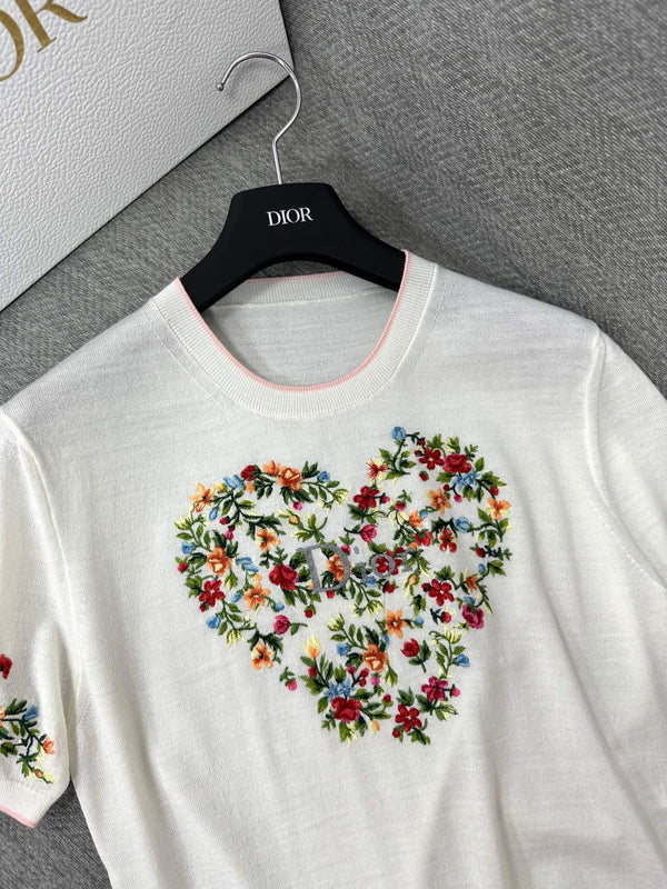 CD Dioramour Short-Sleeved Embroidered Sweater White Wool 349487