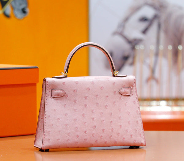 HM Mini Kelly 19cm Pink Ostrich Gold Hardware
