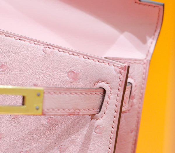 HM Mini Kelly 19cm Pink Ostrich Gold Hardware