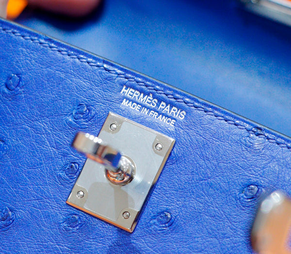 HM Mini Kelly 19cm Greek Blue Ostrich Silver Hardware