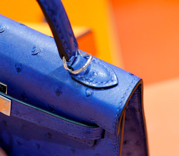 HM Mini Kelly 19cm Greek Blue Ostrich Silver Hardware