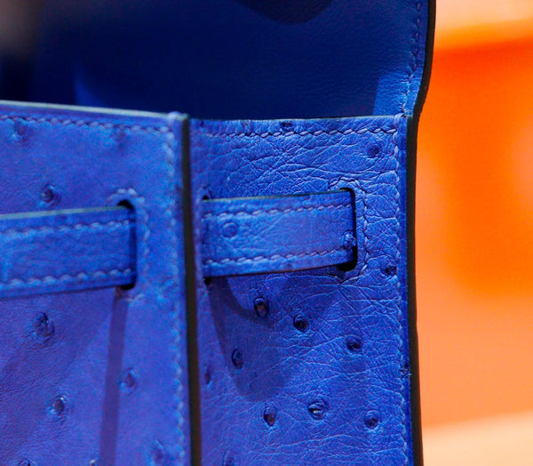 HM Mini Kelly 19cm Greek Blue Ostrich Silver Hardware