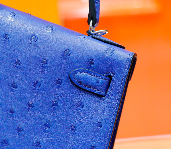 HM Mini Kelly 19cm Greek Blue Ostrich Silver Hardware