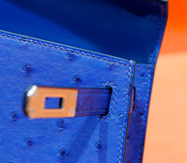 HM Mini Kelly 19cm Greek Blue Ostrich Silver Hardware