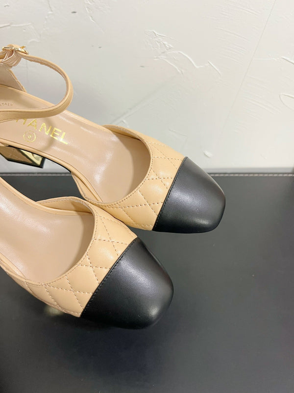 CC Mary Janes 55mm In Beige Mix Black Quilted Lambskin 949764