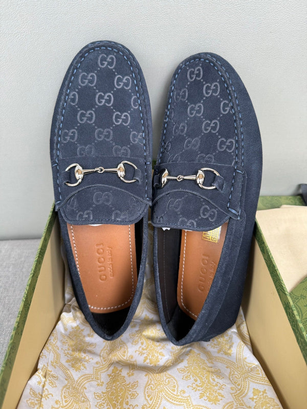 GG Men's Loafer Navy Blue Embossed Suede 555384