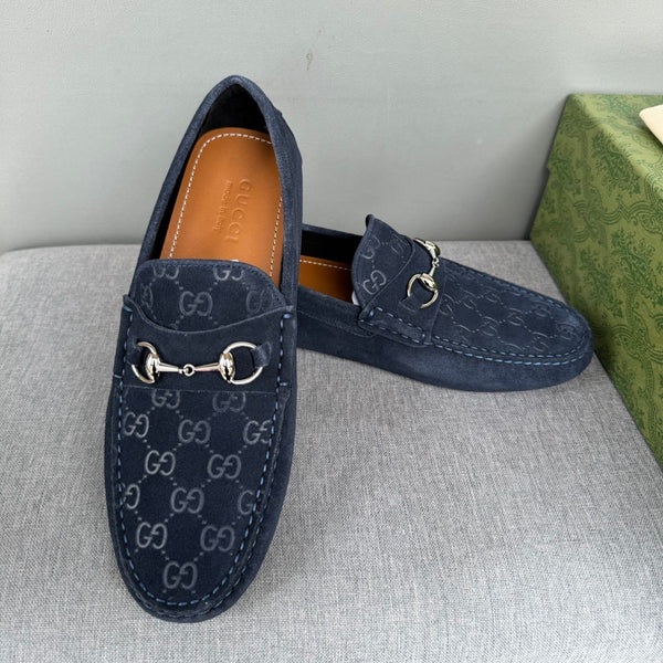 GG Men's Loafer Navy Blue Embossed Suede 555384