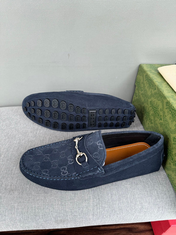 GG Men's Loafer Navy Blue Embossed Suede 555384