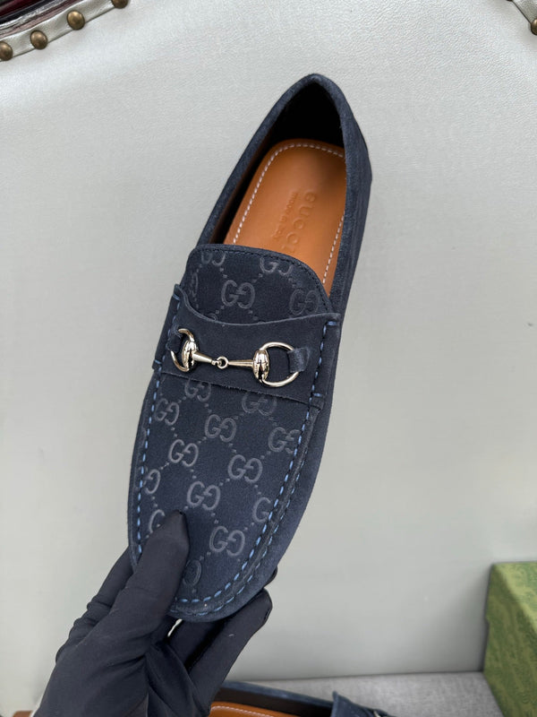 GG Men's Loafer Navy Blue Embossed Suede 555384