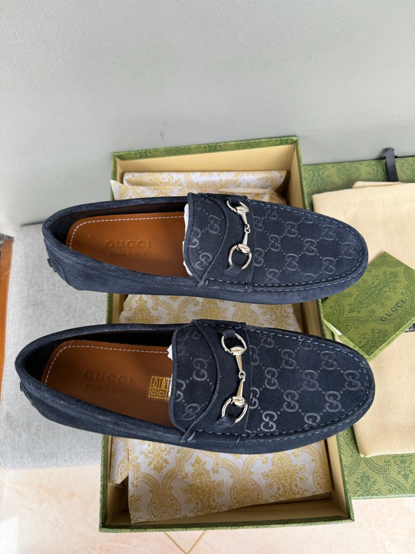 GG Men's Loafer Navy Blue Embossed Suede 555384