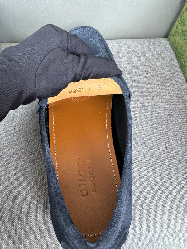 GG Men's Loafer Navy Blue Embossed Suede 555384