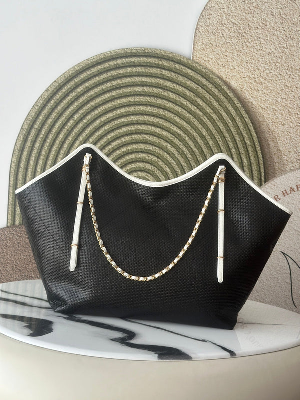 CC Maxi Hobo Bag 43cm Black Straw Leather
