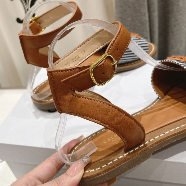 LYMPIA SANDAL IN TRIOMPHE MACCRAMÉ COTTON & CALFSKIN BRONZE BROWN/NAVY