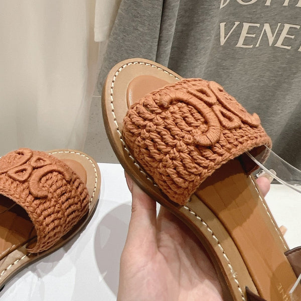 LYMPIA SANDAL IN TRIOMPHE MACCRAMÉ COTTON & CALFSKIN BROWN/DARK BROWN